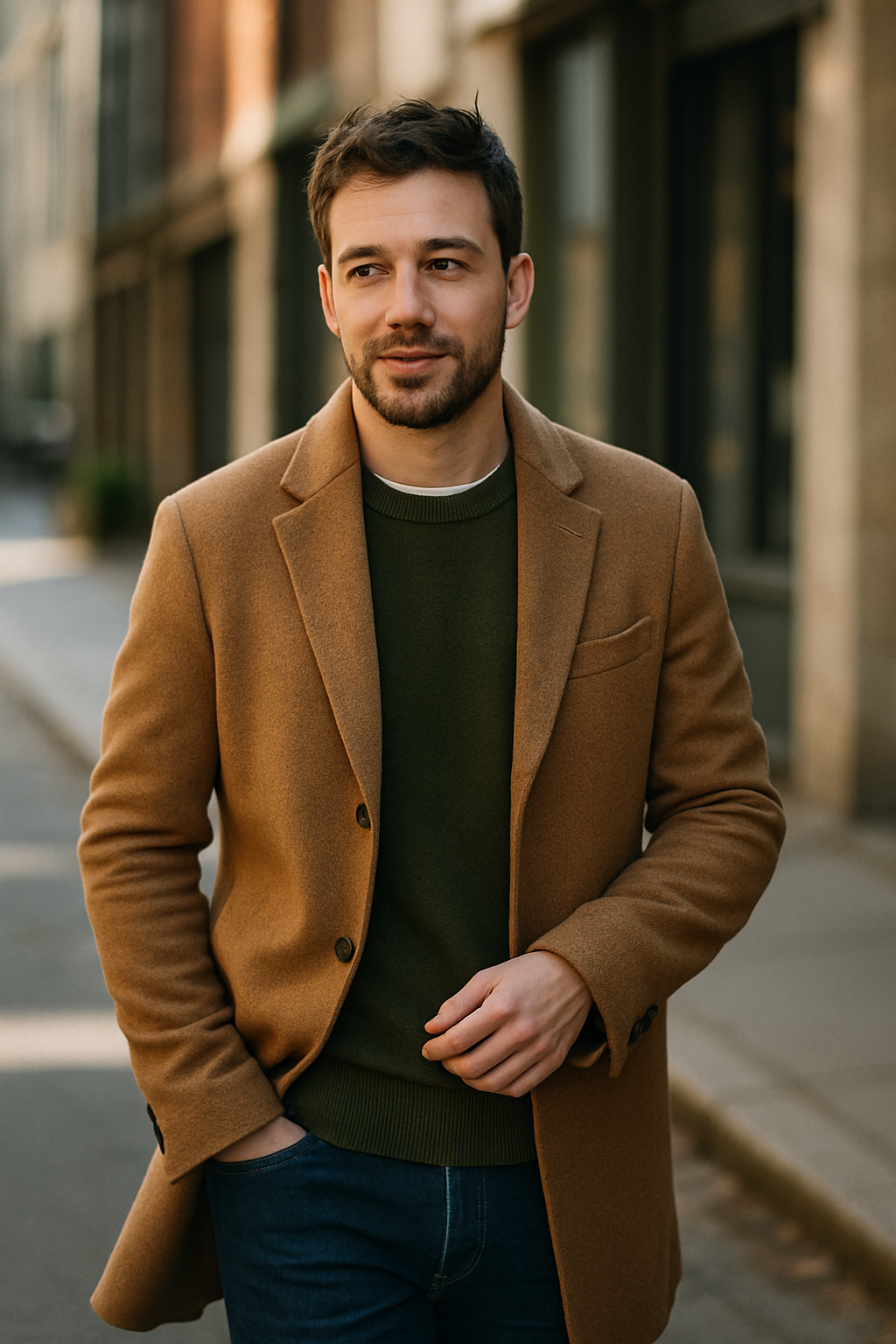 A man wearing a brown blazer over a green sweater, walking in a city street.