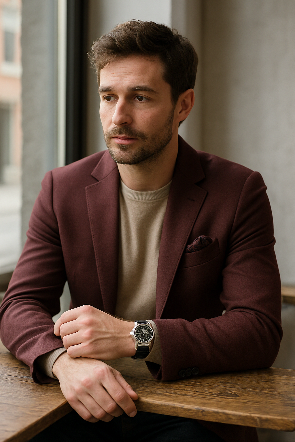 A man in a burgundy blazer with a pocket square, sitting at a wooden table.