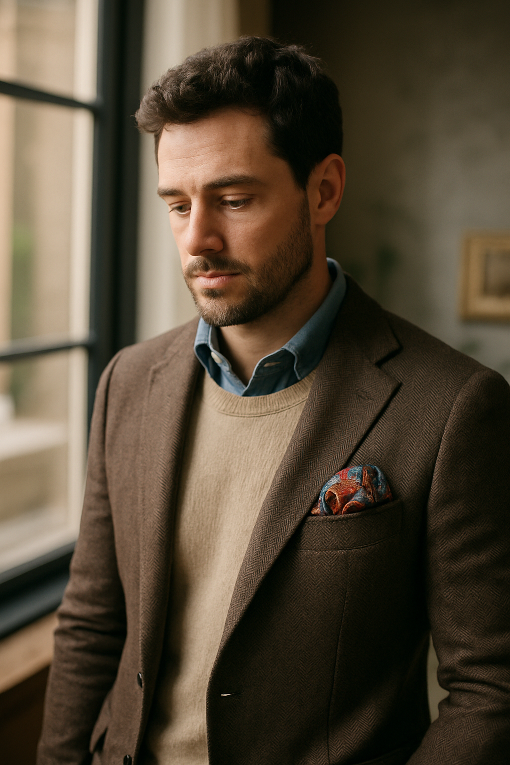 A man in a brown blazer with a colorful pocket square, wearing a light sweater and blue shirt, looking thoughtful by a window.