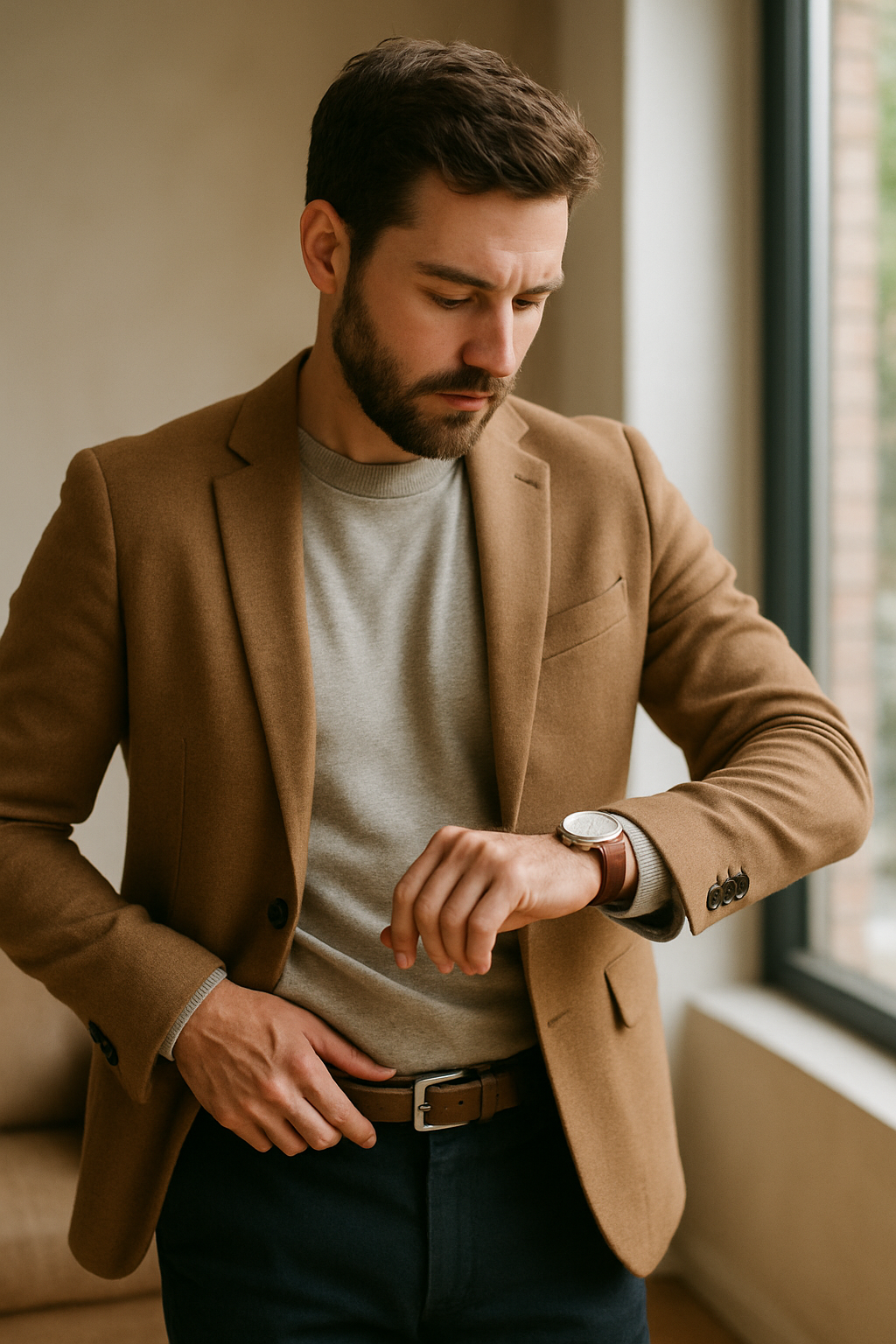 A man in a brown blazer and gray sweater checking his watch, showcasing business casual style with a belt and watch.