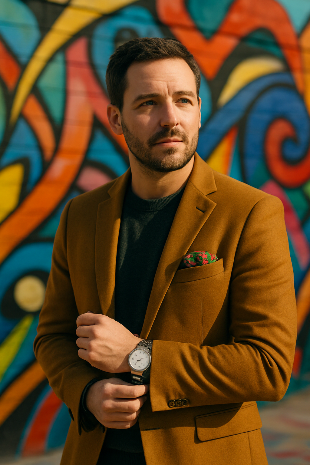 A man wearing a mustard colored blazer with a colorful pocket square, standing in front of a vibrant mural.