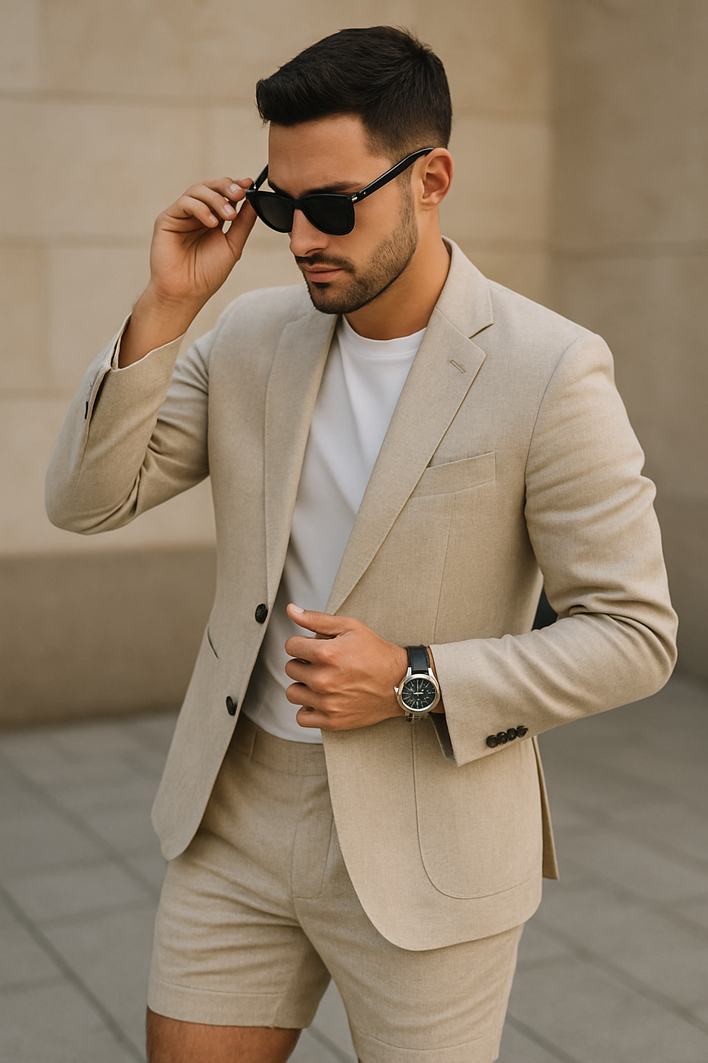 A man in a light blazer and sunglasses, showcasing a stylish outfit.