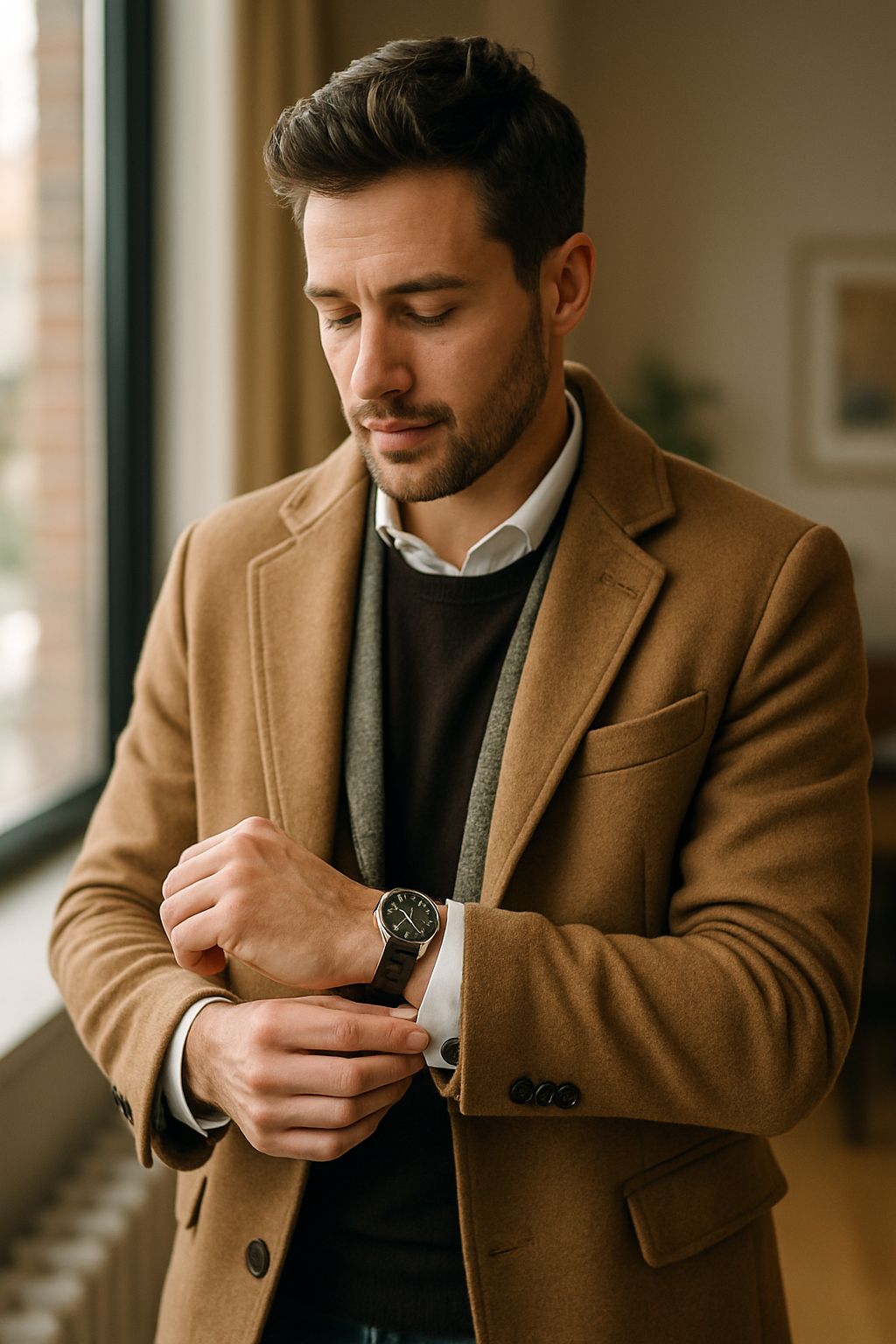 A man in a brown coat looking at his watch, showing a polished date night outfit.