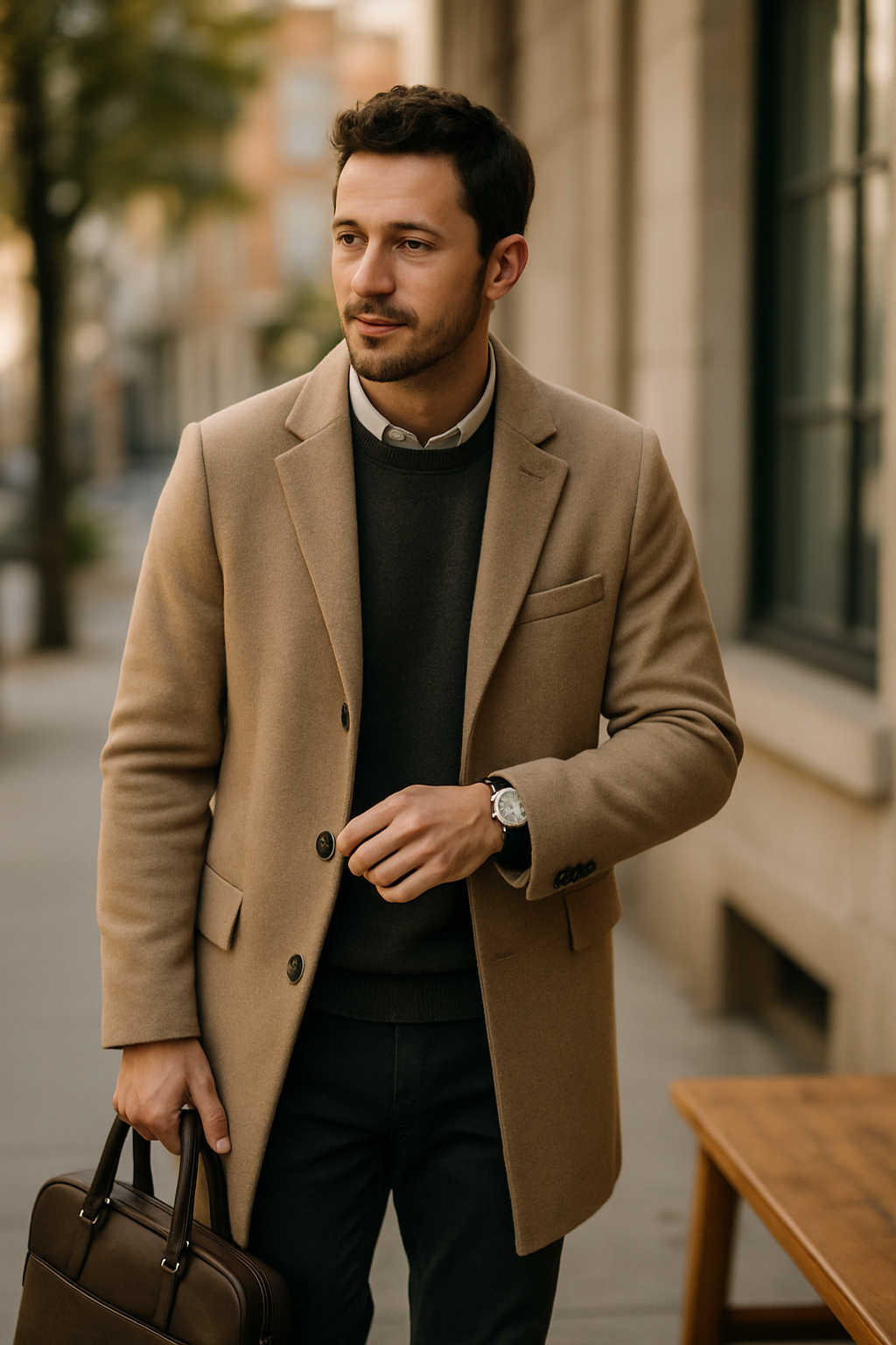 A stylish man in a tailored coat and sweater, holding a brown briefcase, showcasing minimalist men's fashion with purposeful accessorizing.
