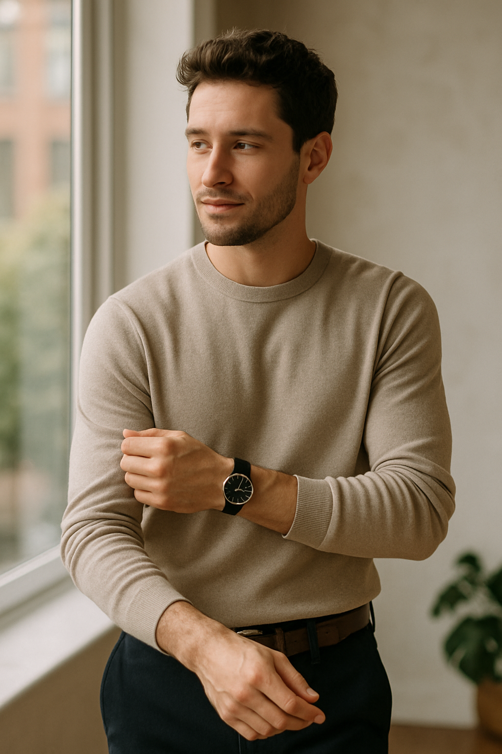 A man in a beige sweater and classic watch, showcasing minimalist fashion.