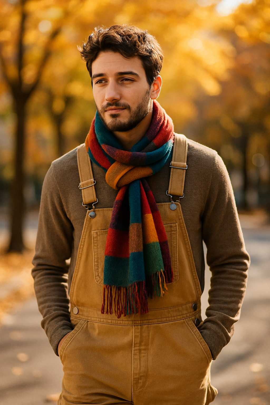 A man wearing a colorful scarf and overalls in a fall setting