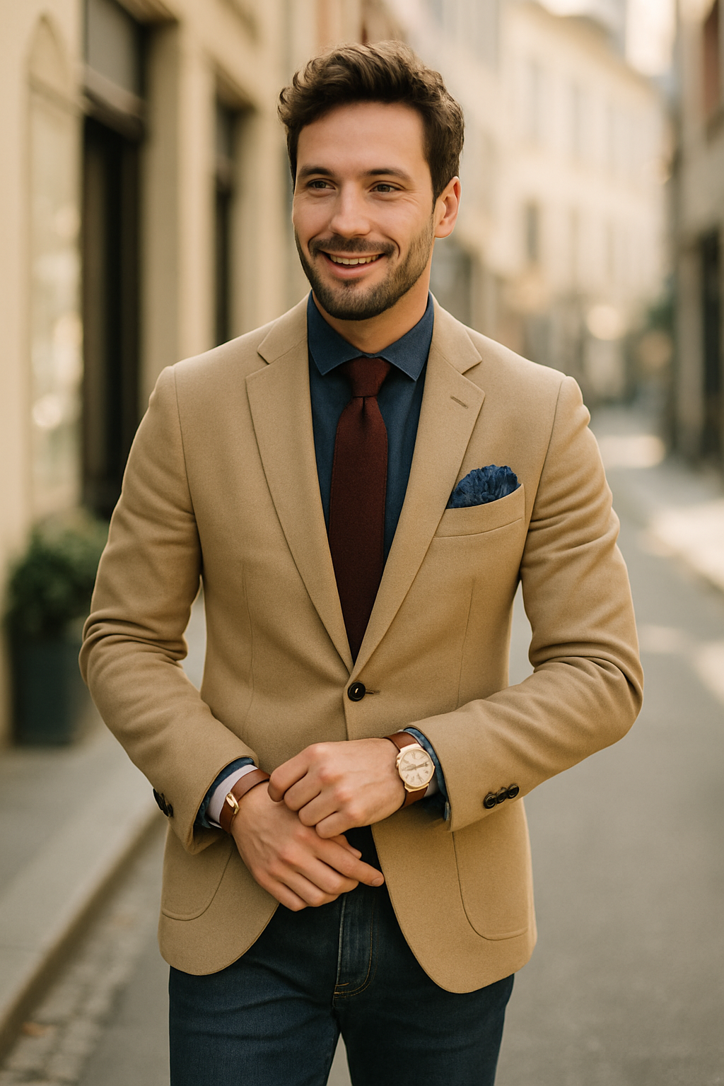 A man wearing a beige blazer, dark shirt, burgundy tie, and blue pocket square, looking stylish in an urban setting.
