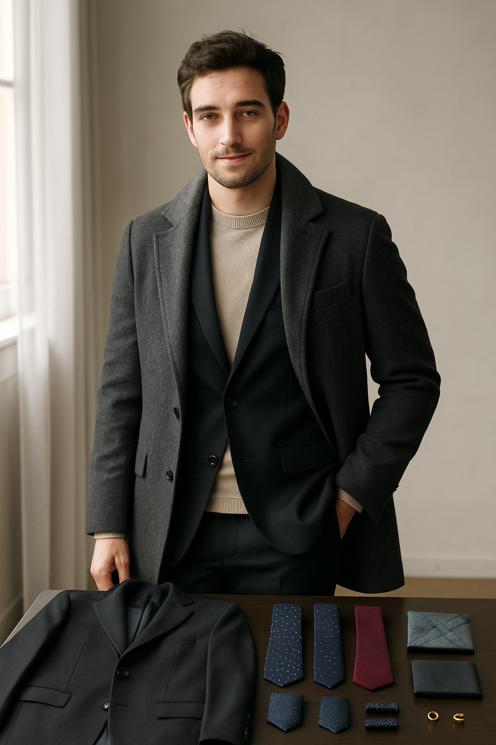 A man in a black suit with various ties and accessories displayed on a table.