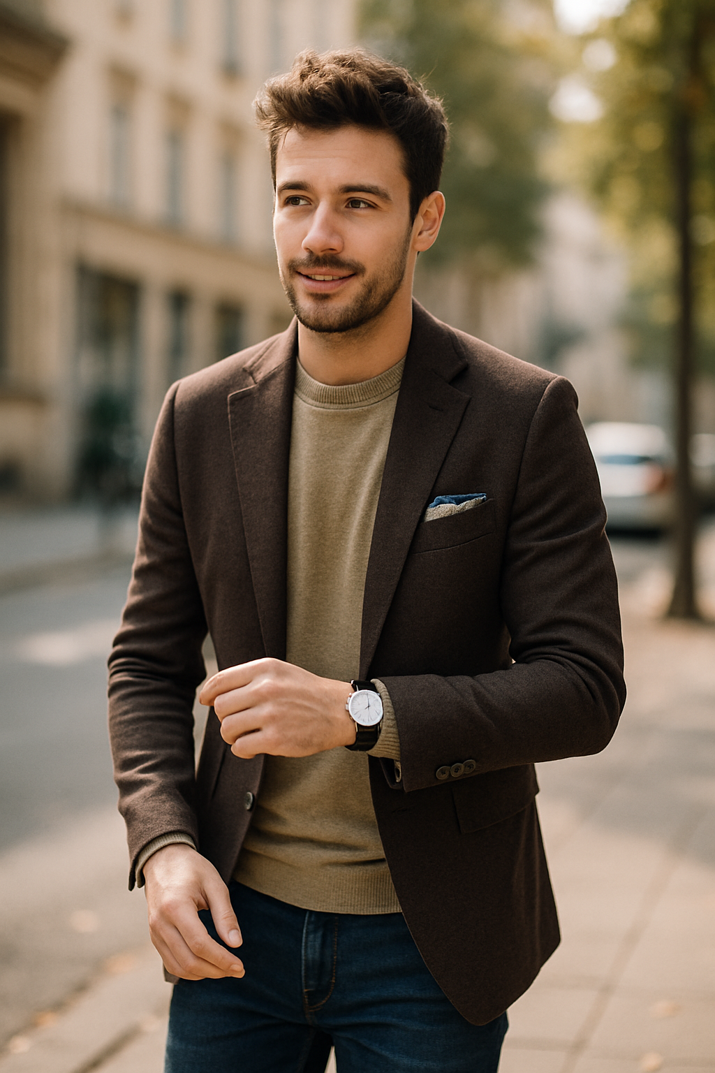 A man wearing a brown blazer with a sweater and a watch, standing outdoors.