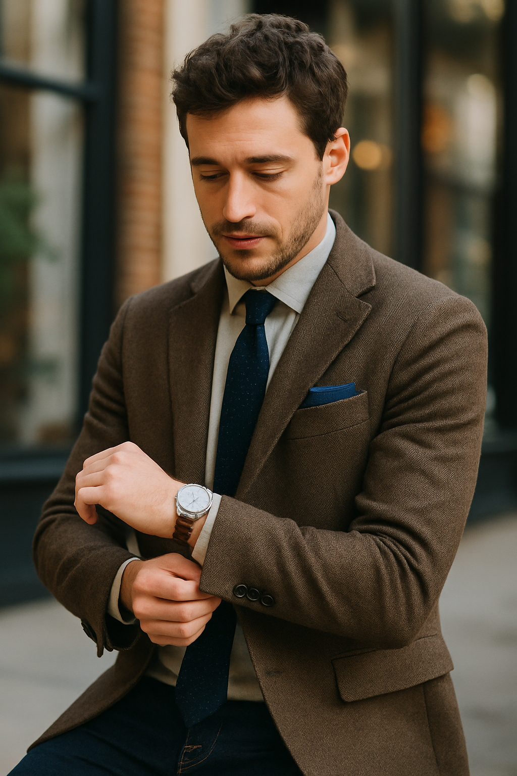 A man wearing a brown blazer, a tie, and a watch, looking at his wrist.