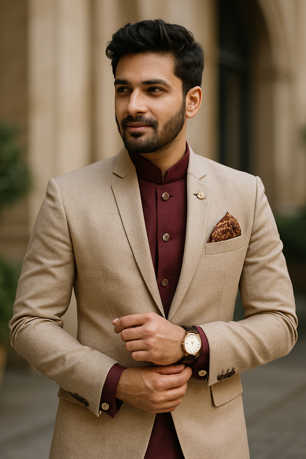 A man wearing a beige blazer over a burgundy kurta, accessorized with a pocket square and a wristwatch.