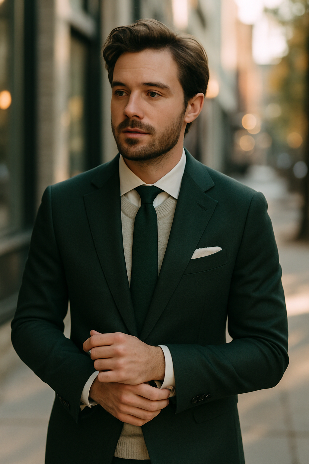 A man in a dark green suit with a tie and a pocket square, looking stylish and confident.