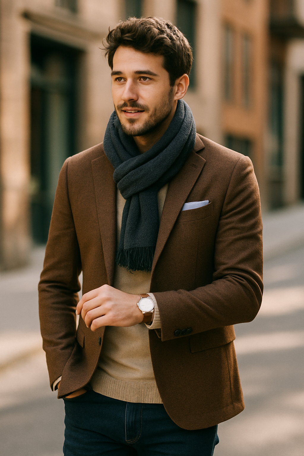 A man in a khaki blazer with a scarf and watch, showcasing stylish accessories.