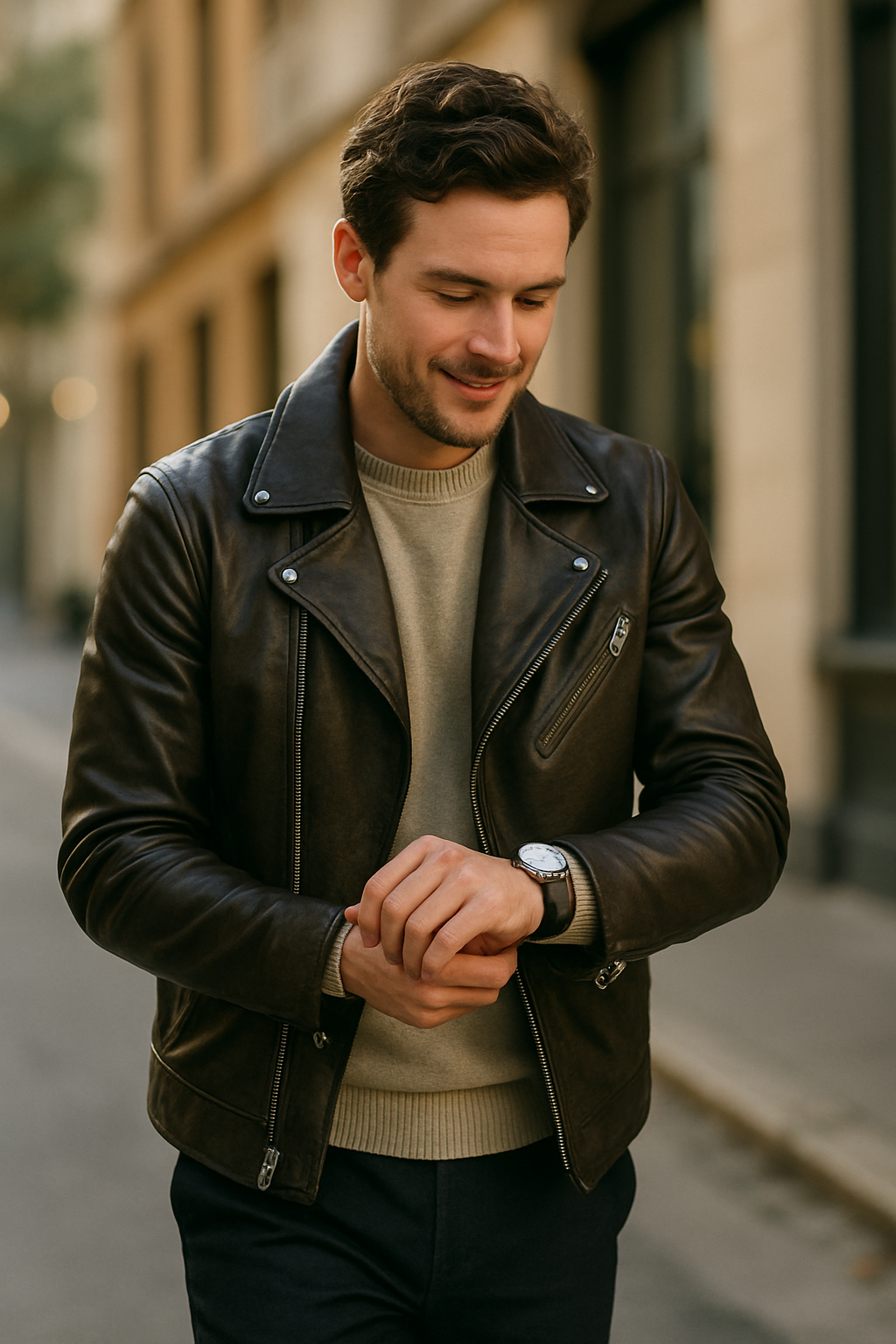 A man wearing a brown leather jacket and a sweater, looking at his watch on a city street.