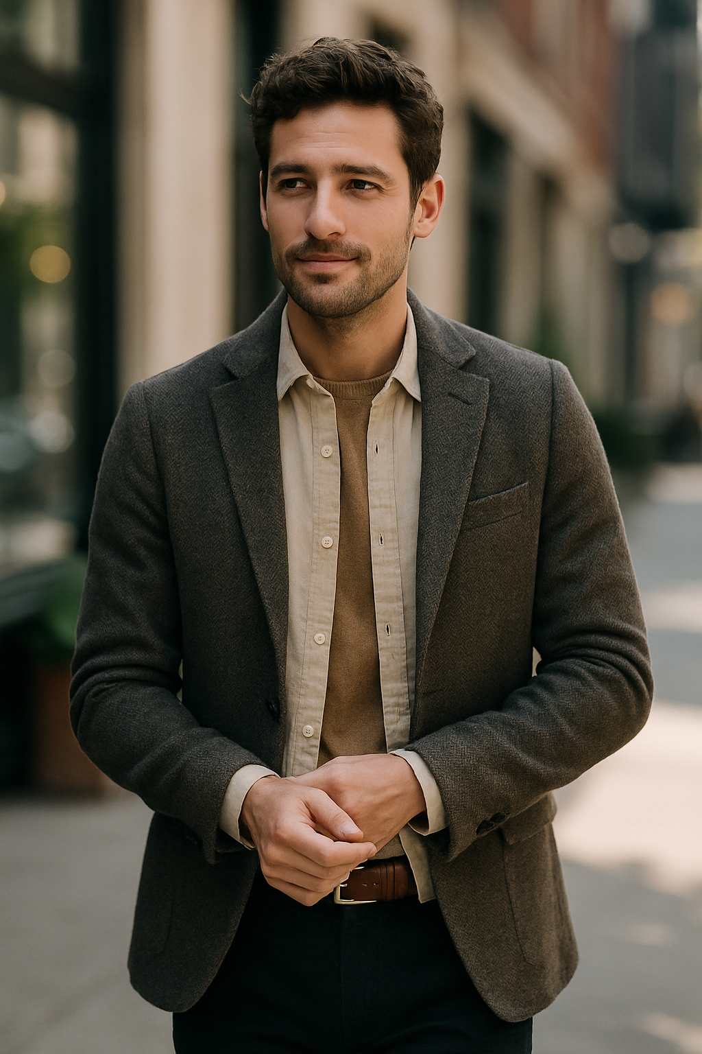 A man wearing a linen shirt layered under a sweater and blazer, showcasing stylish accessorizing.