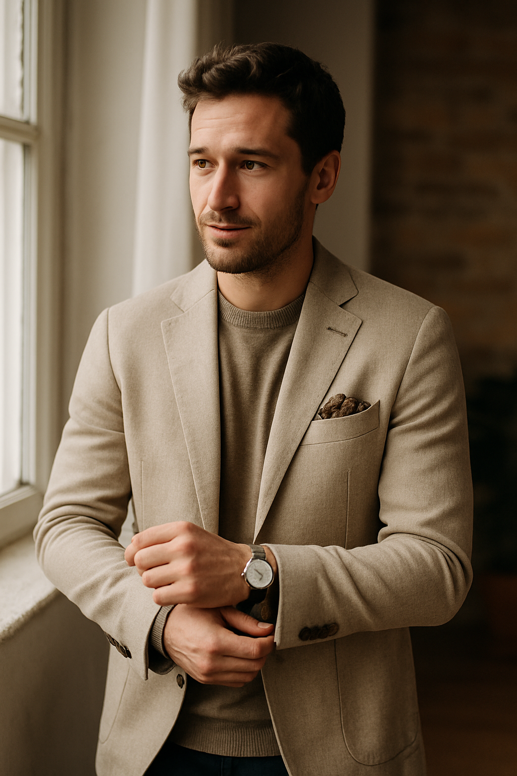 A man wearing a light linen suit with a watch, looking thoughtful by a window.