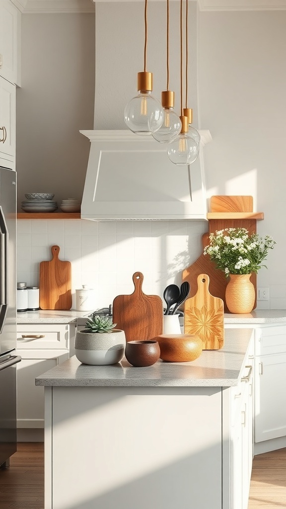 A stylish narrow kitchen island with wooden cutting boards, decorative bowls, and pendant lights.