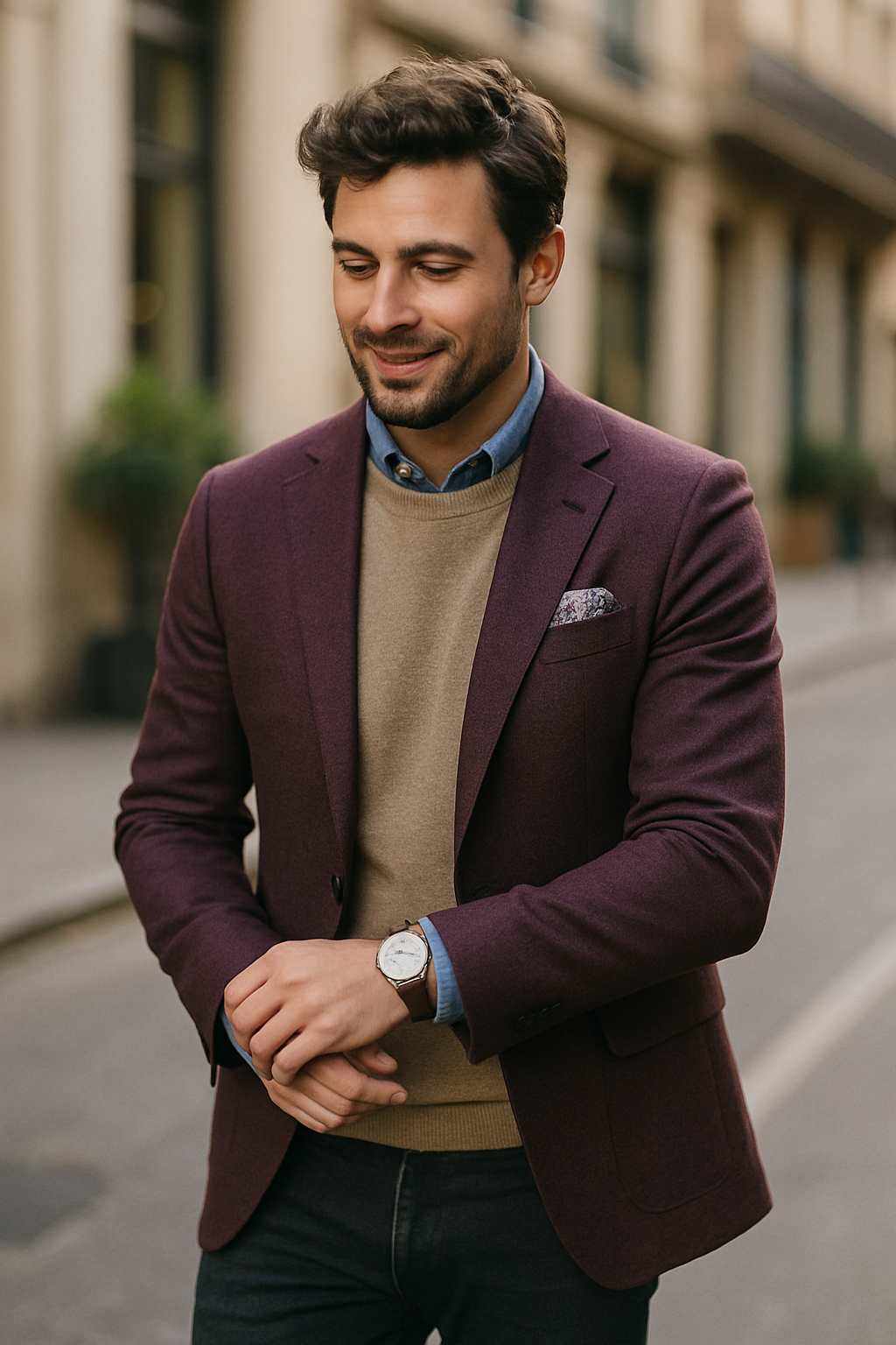 A man wearing a purple blazer with a light sweater and a watch, looking stylish on the street.
