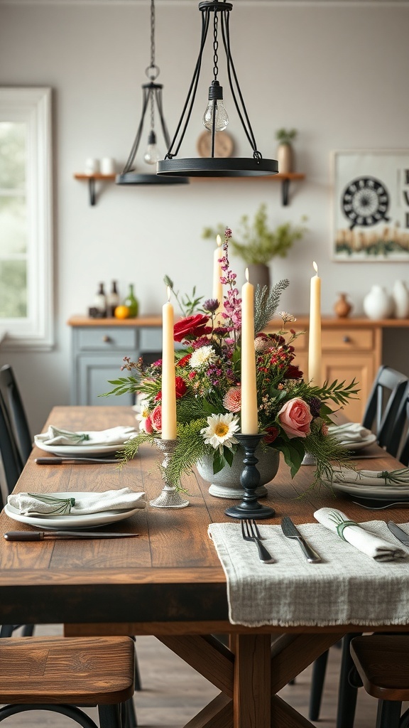 A rustic dining table set with a floral centerpiece and candles, creating a warm and inviting atmosphere.