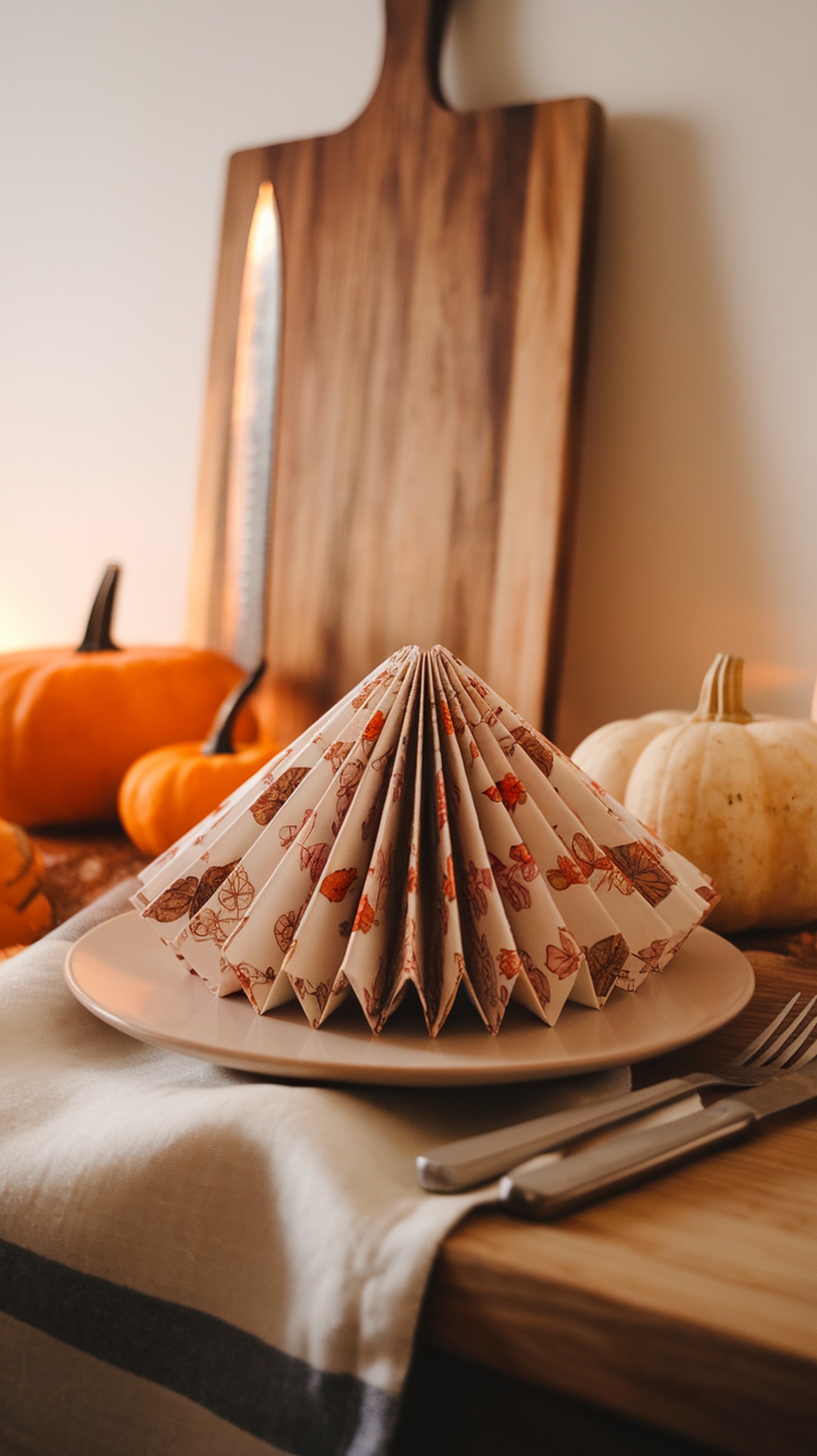 Accordion napkin fold displayed on a plate with pumpkins in the background