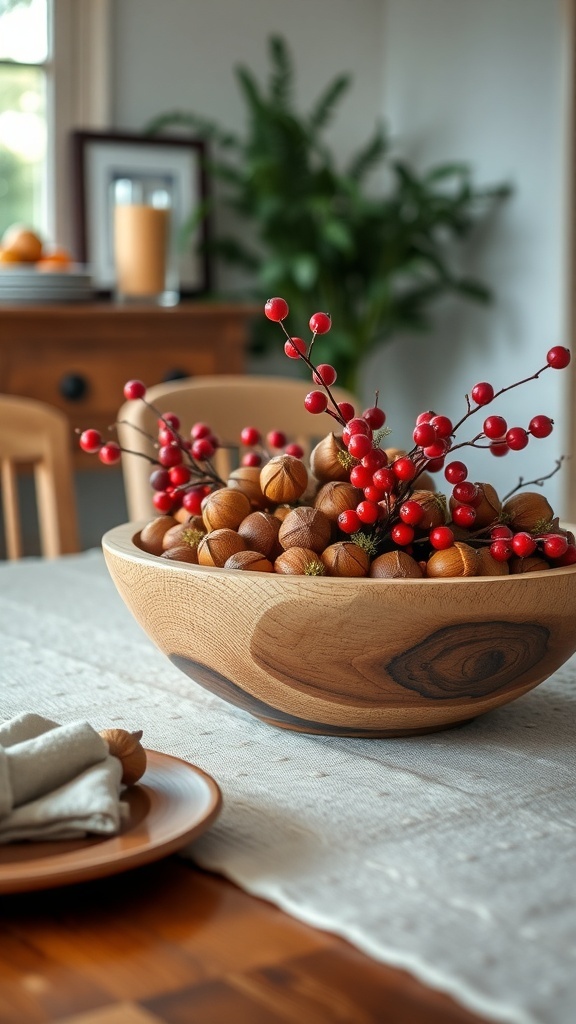 A wooden bowl filled with acorns and red berries, placed on a table.