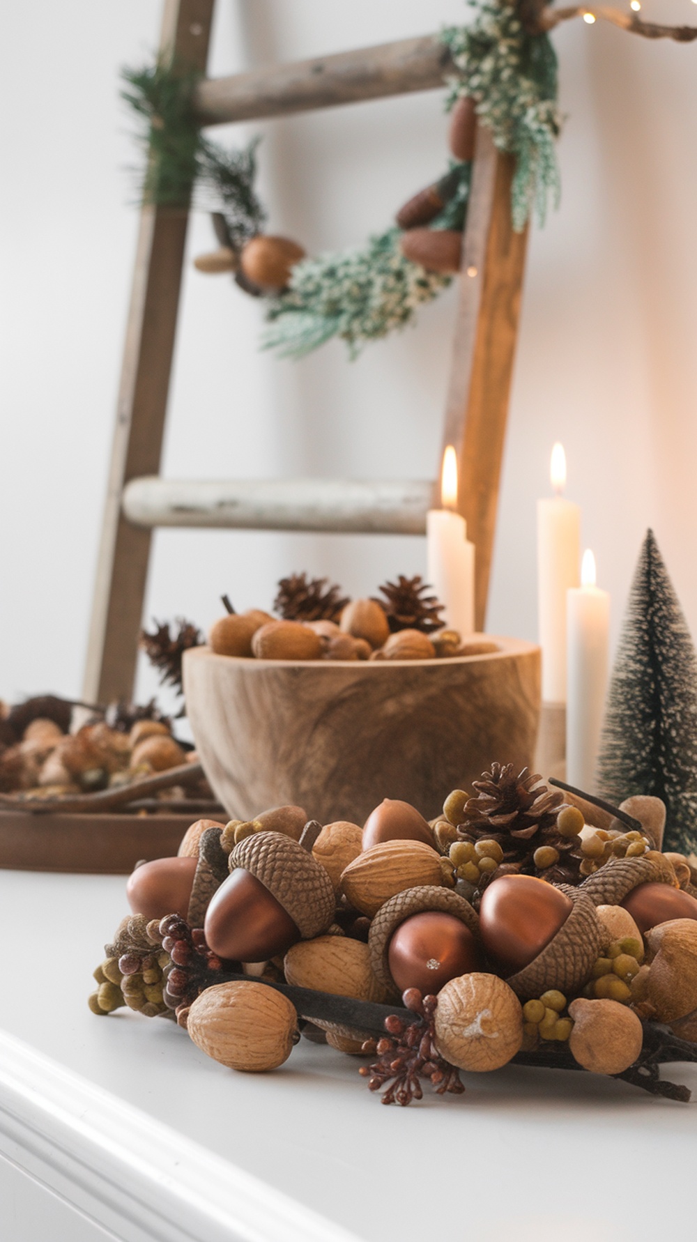 A cozy arrangement of acorns, nuts, and pinecones in a wooden bowl with candles and greenery.