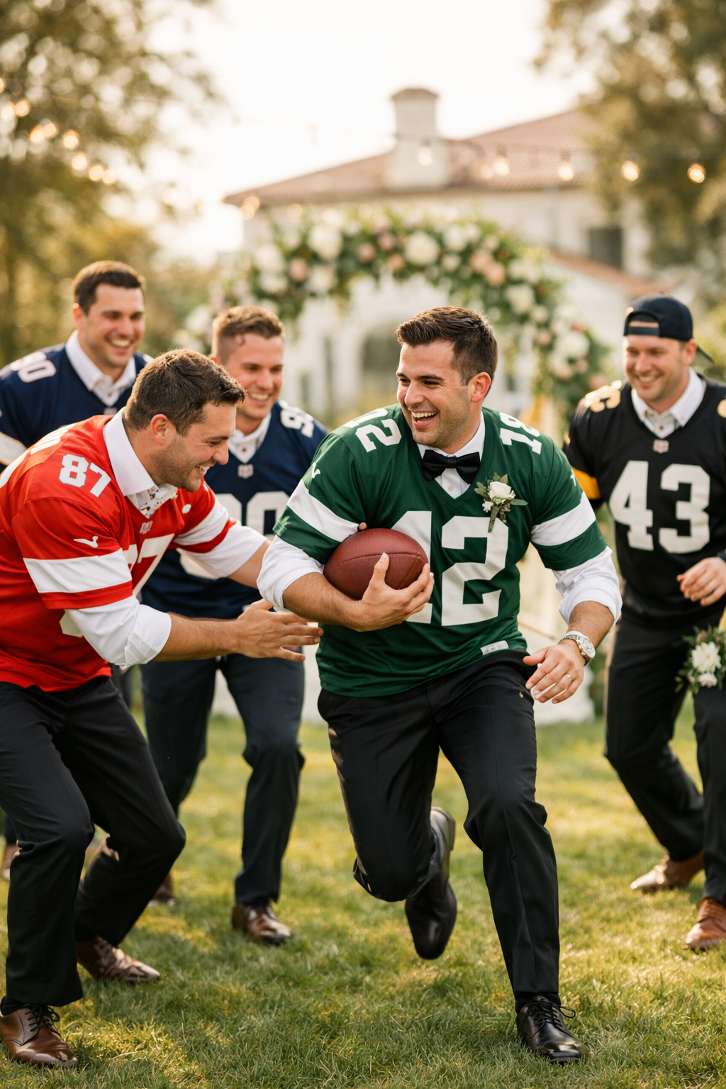 Group of groomsmen in football jerseys laughing and playing with a football outdoors.