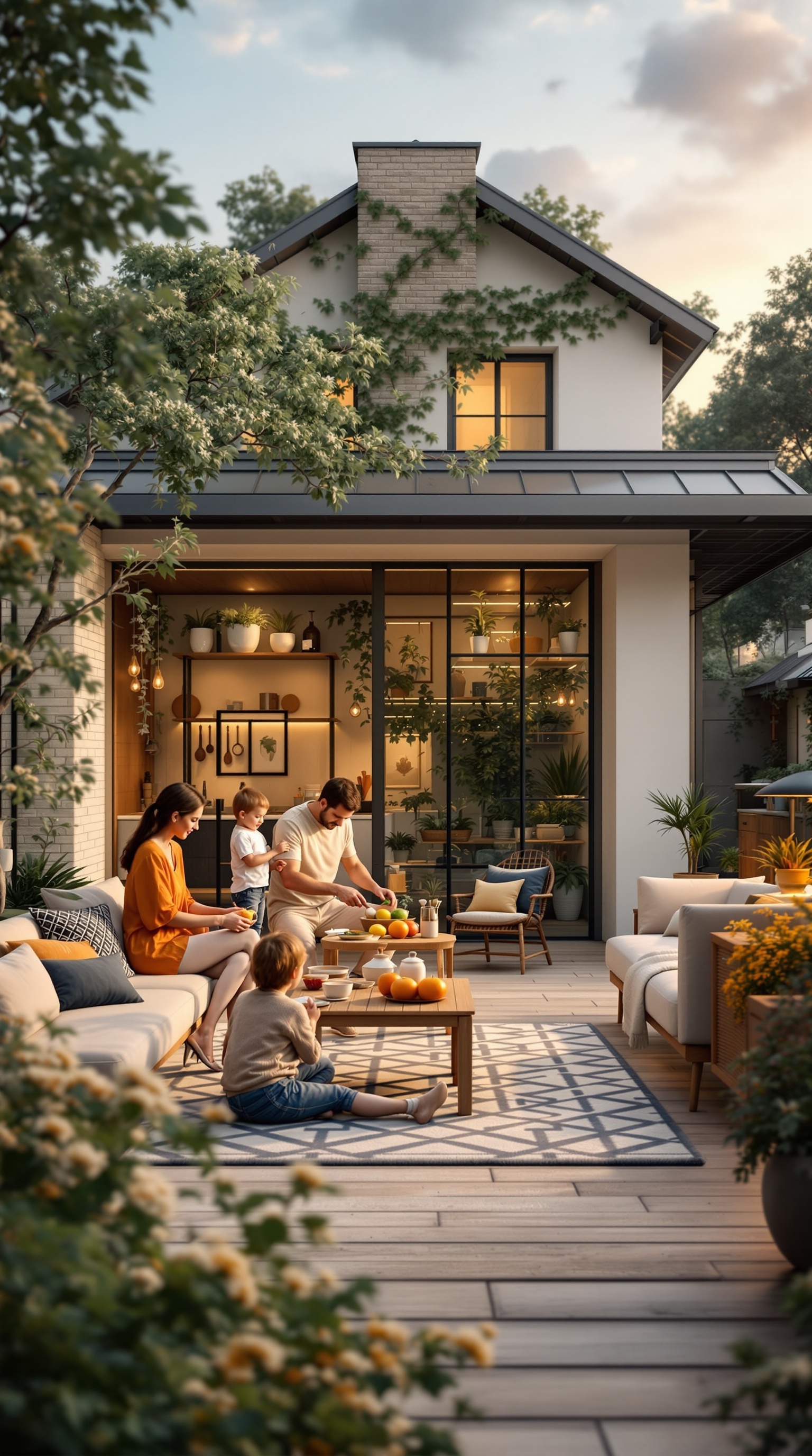 A family enjoying time together in a cozy outdoor setting, preparing food and sharing moments.