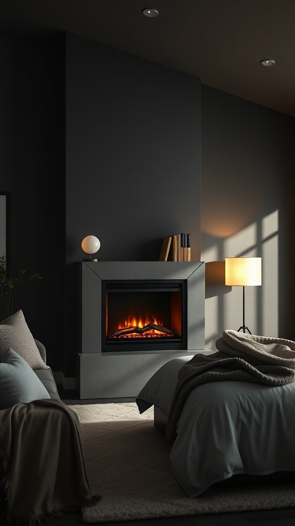 A modern dark cozy bedroom featuring a sleek fireplace, soft bedding, and warm lighting.