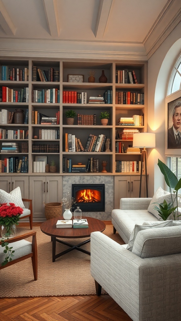 Cozy home library with a fireplace, bookshelves, and comfortable seating.