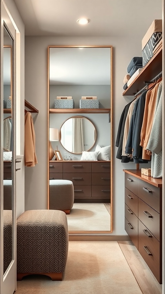 A small walk-in closet featuring a full-length mirror, stylish storage, and organized clothing.