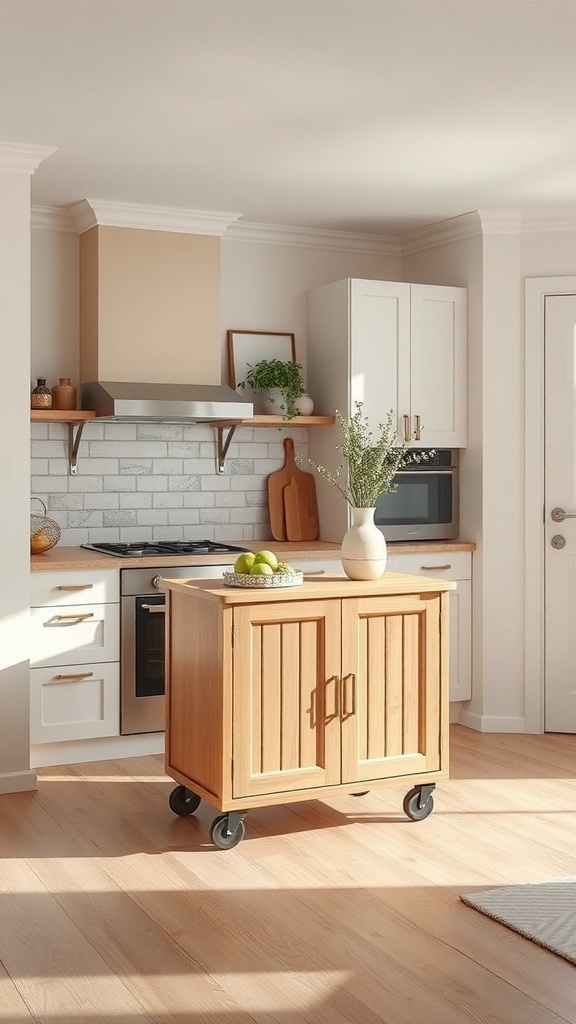 A wooden kitchen island on wheels with fruits on top in a modern kitchen.