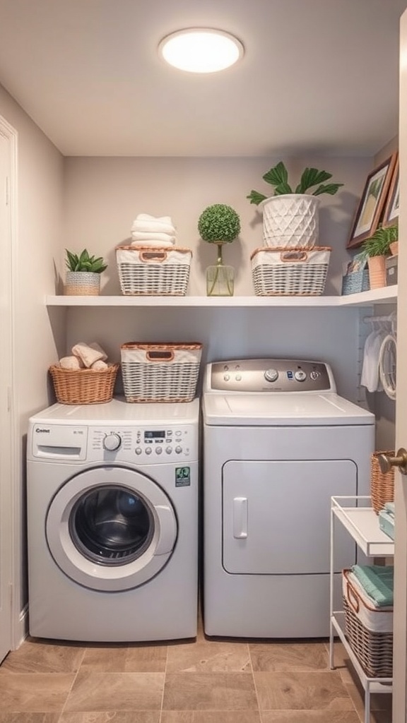 A basement laundry room featuring a washing machine, dryer, and a shelf with neatly arranged laundry baskets and plants.