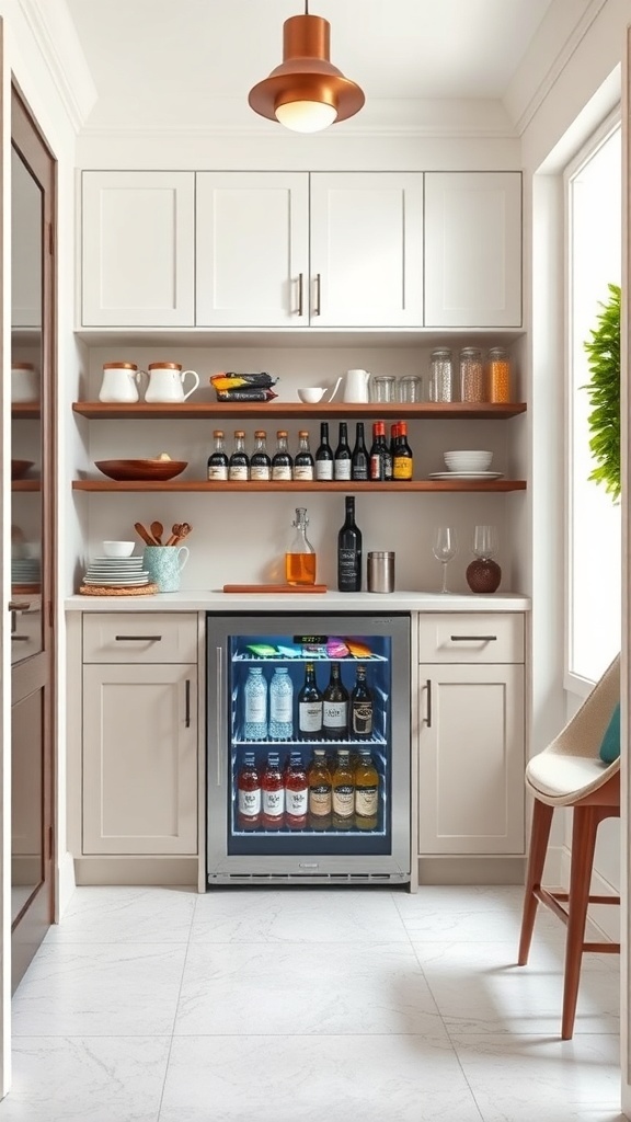A stylish butler's pantry featuring a mini fridge stocked with beverages, shelves with glassware, and a warm light fixture.