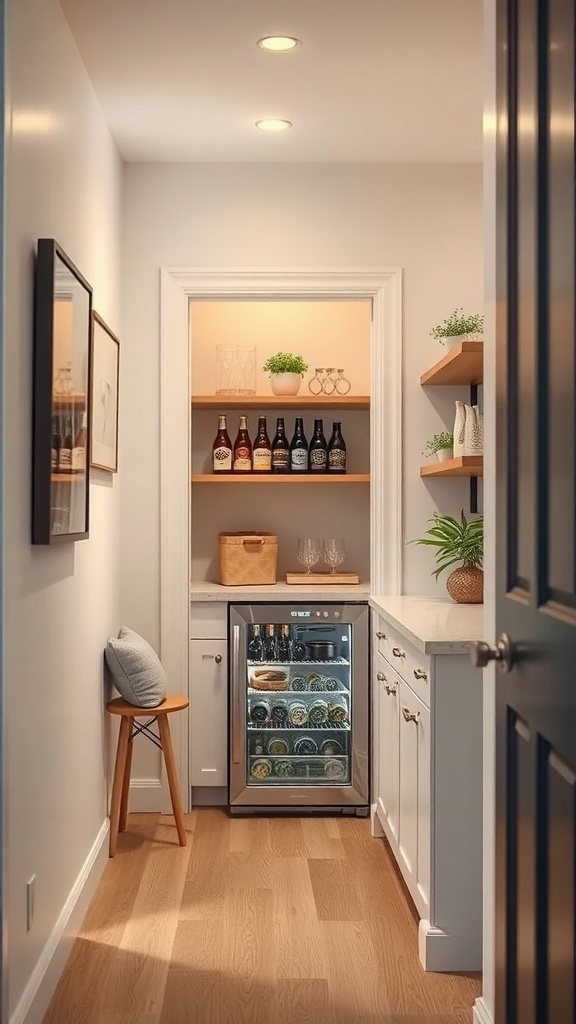A small walk-in pantry featuring a mini fridge, shelves with drinks, and a cozy stool.
