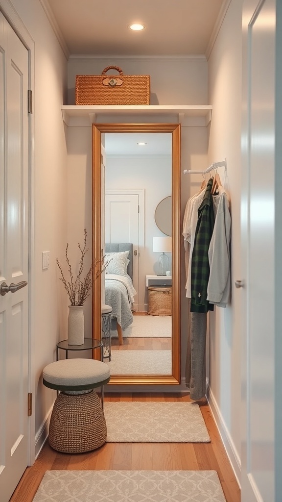 A small hallway featuring a mirror, a stool, and clothing hanging on a rack.