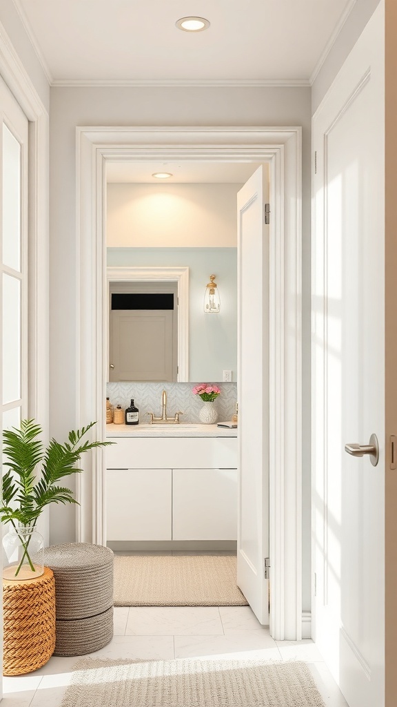 A stylish bathroom closet featuring a mirror, sink, and decorative elements