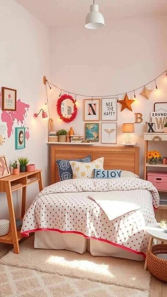A small teen bedroom with a cozy bed, colorful decor, and a gallery wall.