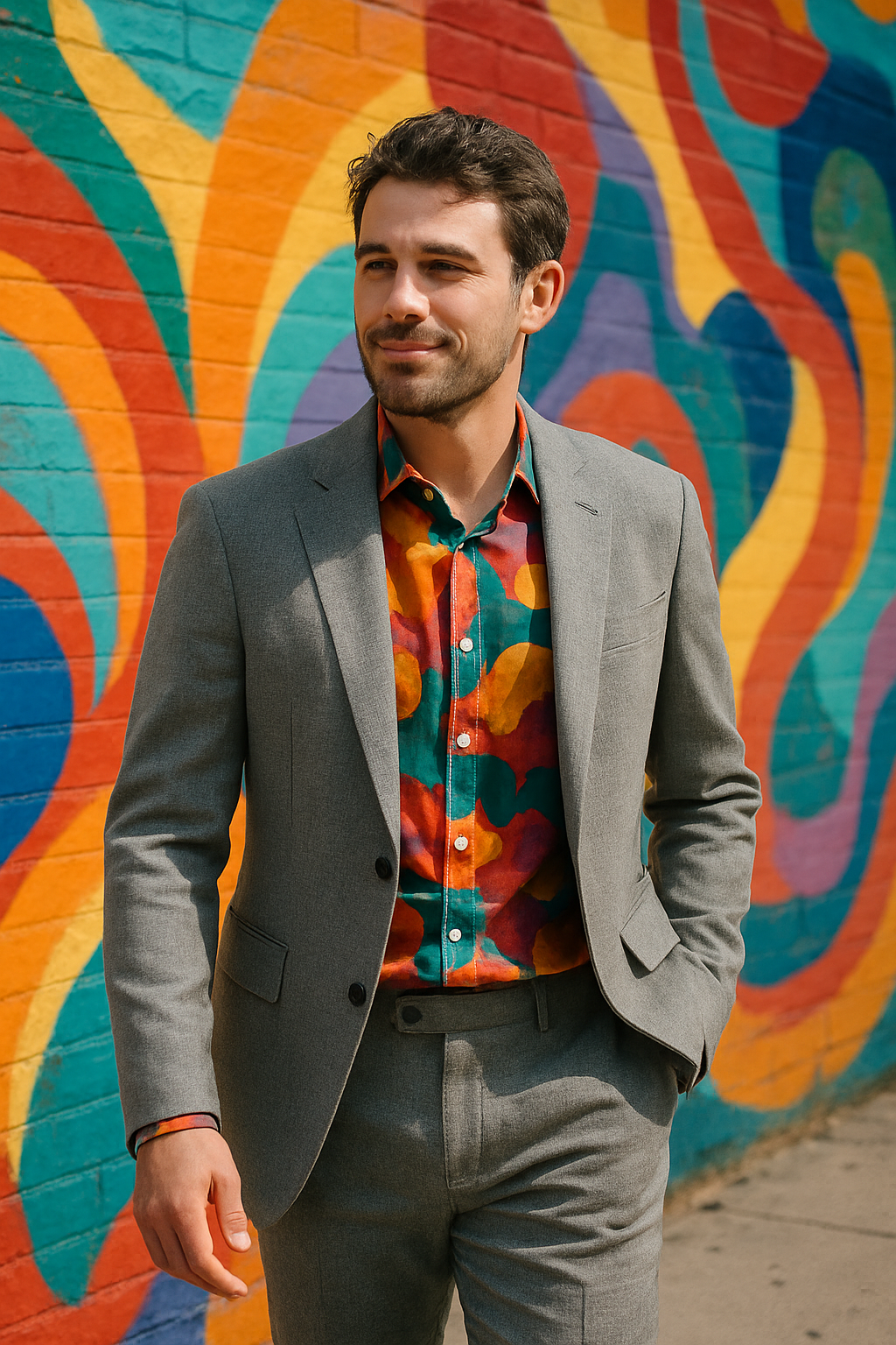 A man wearing a gray blazer over a colorful patterned shirt, standing in front of a vibrant mural.