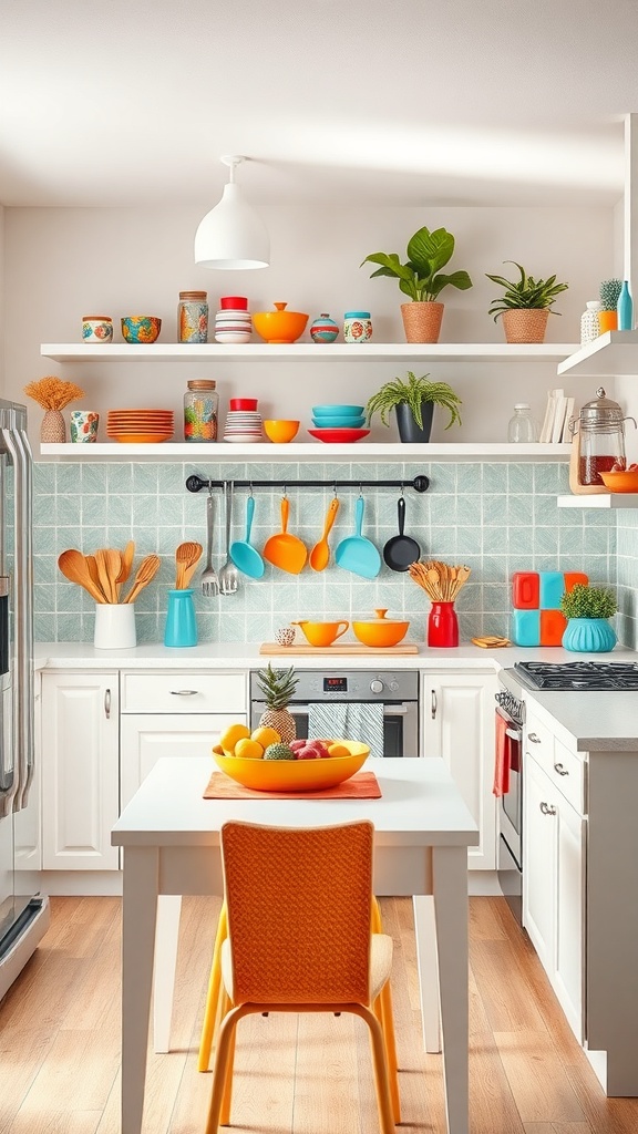 A bright and colorful apartment kitchen with vibrant accessories and plants.