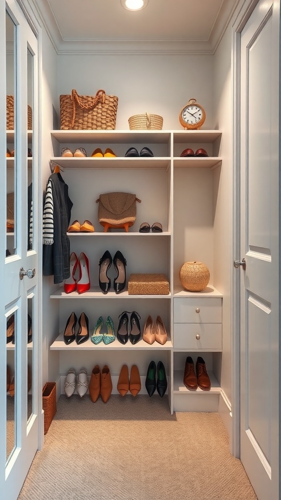 A small walk-in closet featuring a pull-out shoe rack with various shoes neatly organized on shelves.