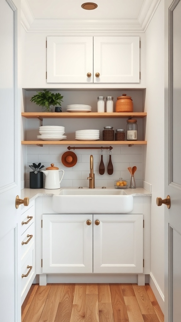 A well-designed butler's pantry featuring a farmhouse sink, open shelving with plates and jars, and a stylish faucet.