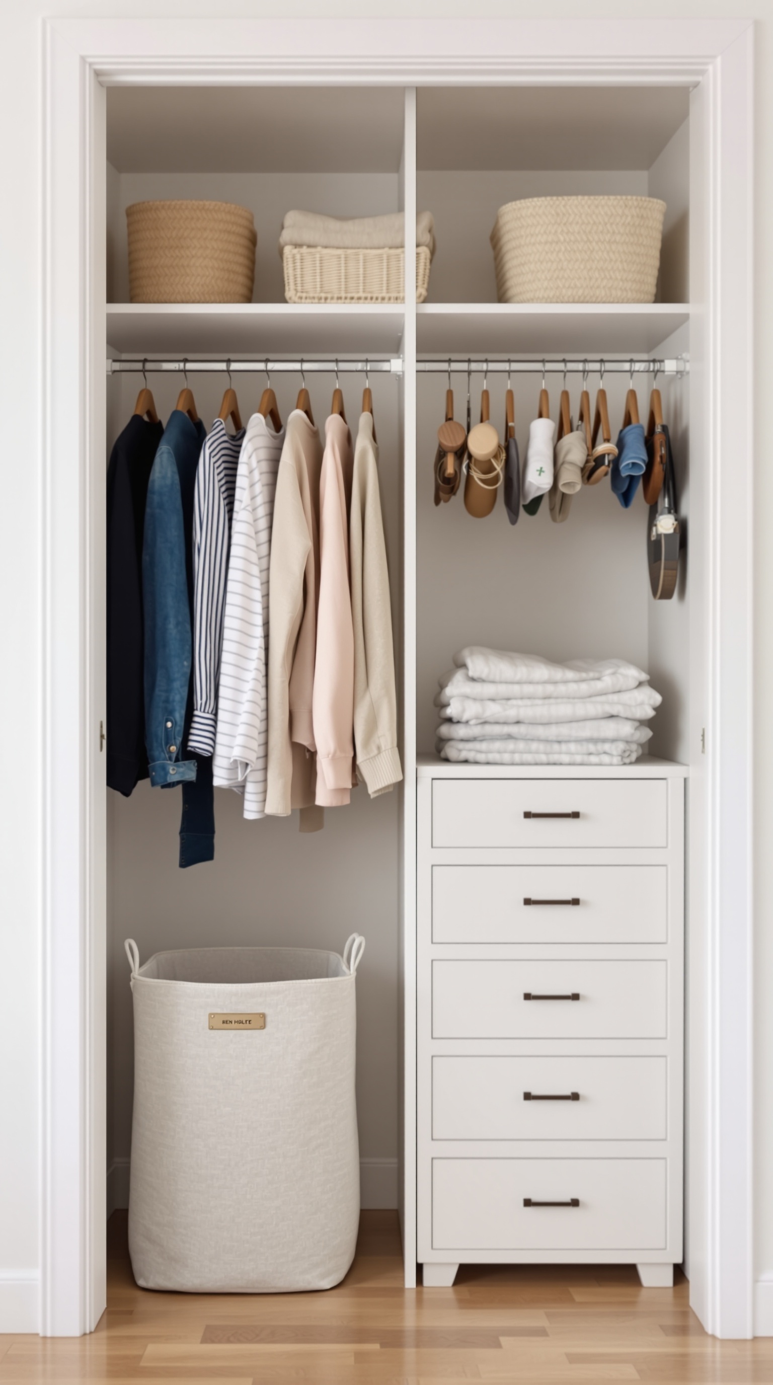 A well-organized baby room closet with a small hamper for laundry convenience.
