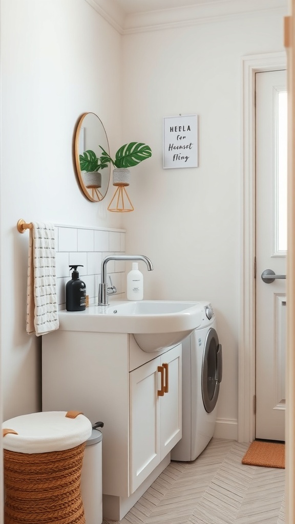 A small utility room featuring a compact sink, washing machine, and stylish decor.