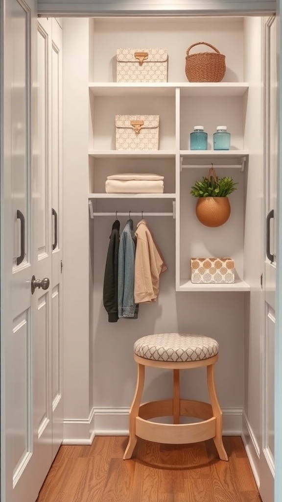 A small closet with a step stool, shelves, and neatly organized items.