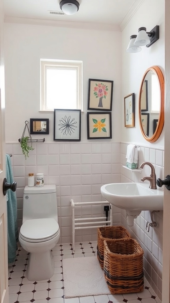 A stylish small half bathroom featuring framed artwork, a round mirror, and woven baskets.