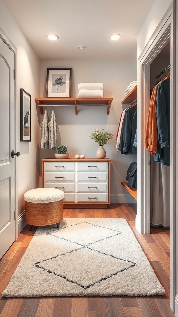 A small walk-in closet featuring a stylish rug, wooden flooring, and organized shelves.