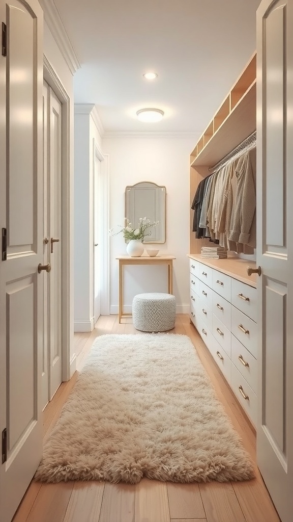 A small walk-in closet featuring a plush light-colored rug, wooden flooring, and organized clothing storage.