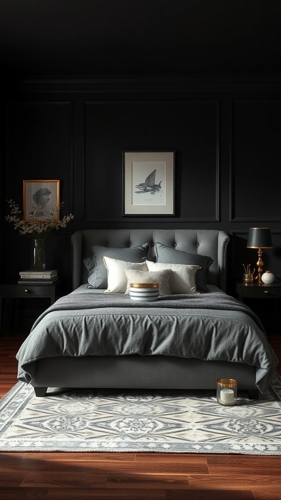 A dark cozy bedroom featuring a grey bed, metallic accents, and elegant decor.