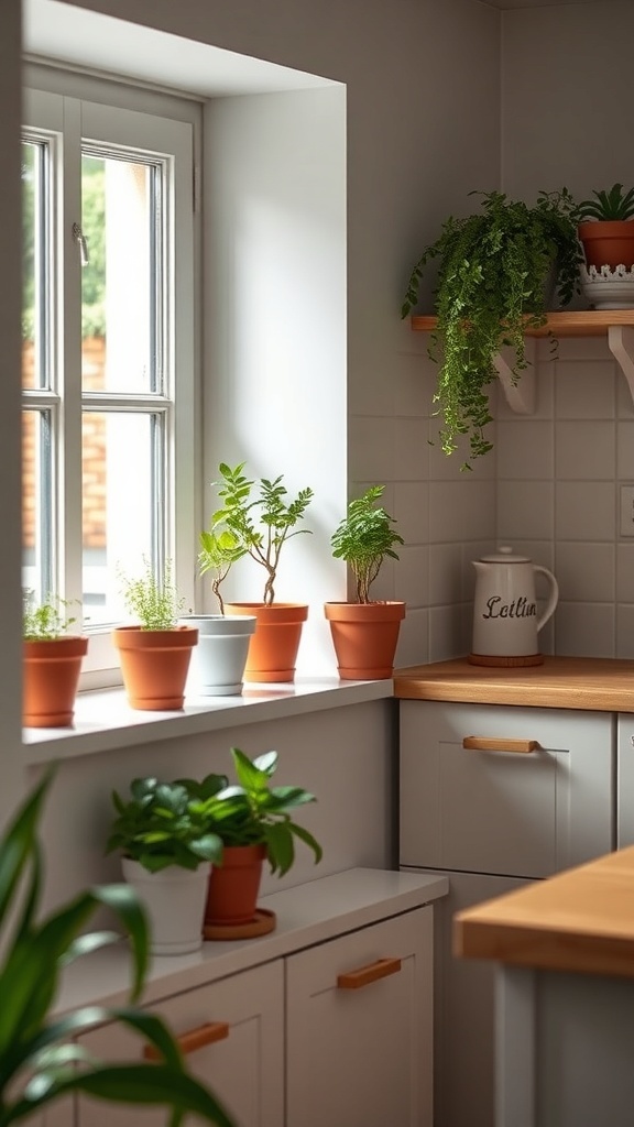 A small kitchen with various indoor plants on the windowsill and countertop.